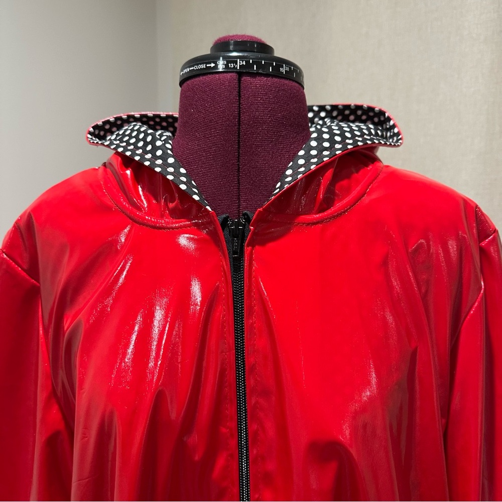 Vibrant Red Hooded Raincoat with Polka Dot Lining woman’s medium - Picture 2 of 10